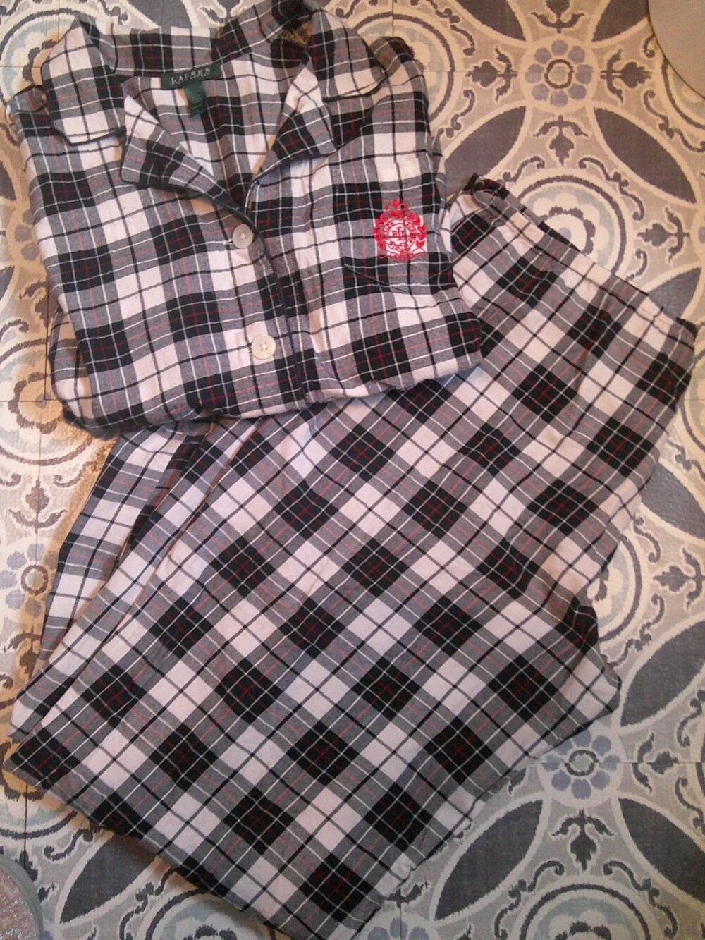 Lauren Ralph Lauren 2-Pc Lightweight Flannel PAJAMA SET Plaid Monogram Woman XL